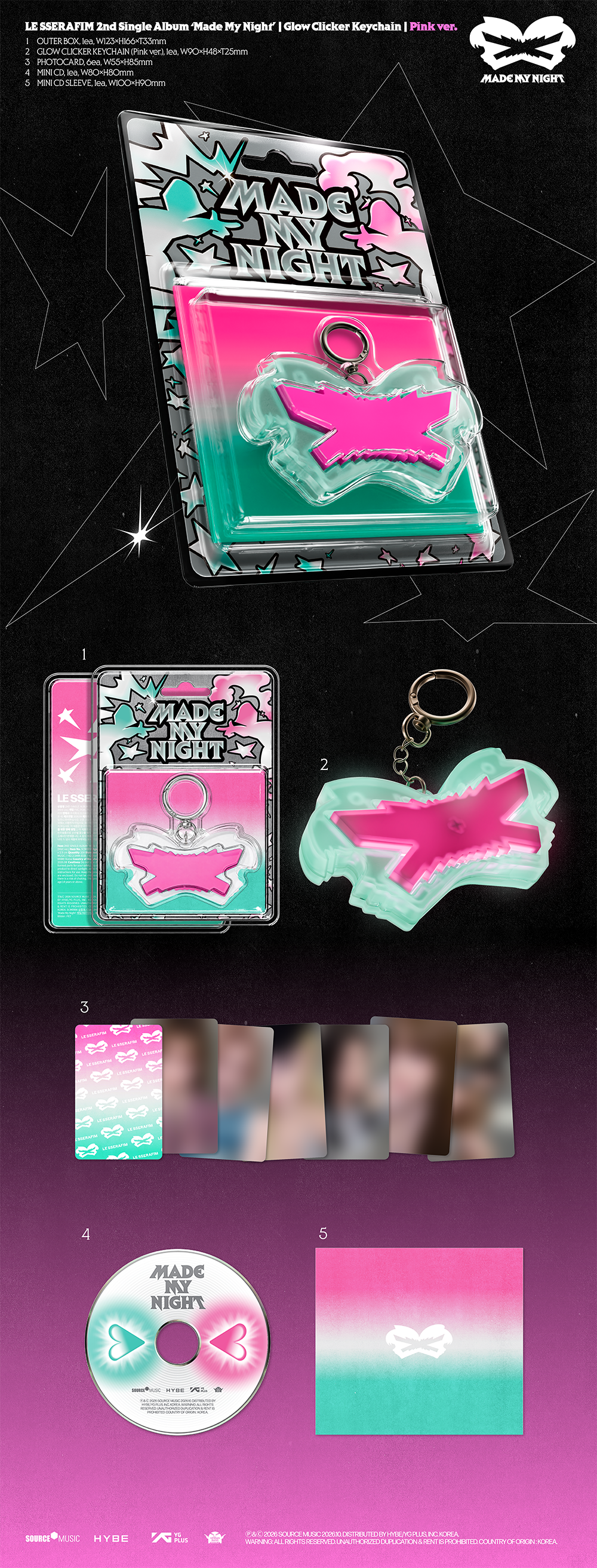 LE SSERAFIM 2ND SINGLE ALBUM 'MADE MY NIGHT' GLOW CLICKER KEYCHAIN VER. (GREEN / PINK)