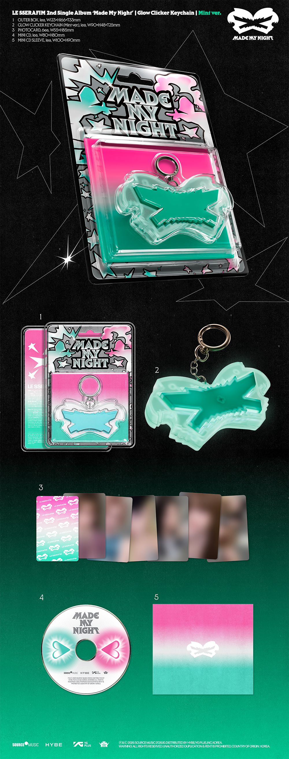 LE SSERAFIM 2ND SINGLE ALBUM 'MADE MY NIGHT' GLOW CLICKER KEYCHAIN VER. (GREEN / PINK)